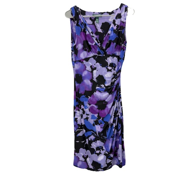 Ralph Lauren Purple Floral Faux Wrap Sleeveless Stretch Sheath Dress Size 6 - Picture 1 of 8